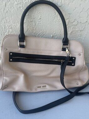 Nine West Satchel Crossbody Bag Beige Black Colorblock Dual Handle Front Zip Pur